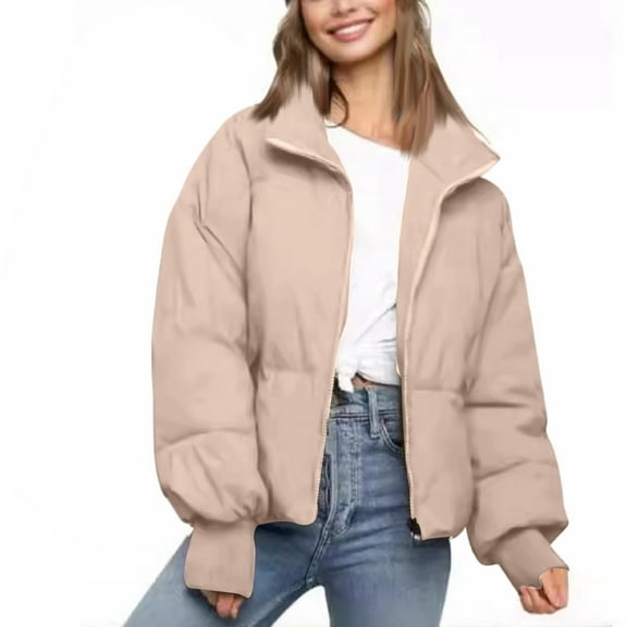 Stichou Womens Cropped Puffer Jacket Warm Winter Quilted Jacket Zip Up Trendy Coat Khaki XL