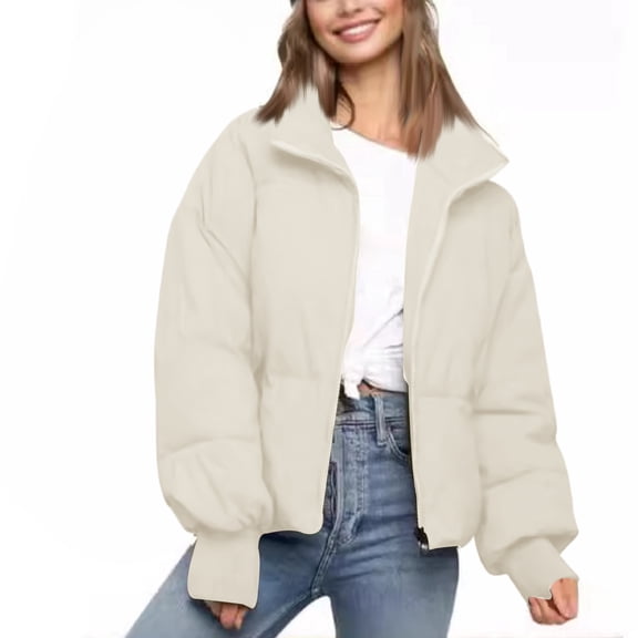 Stichou Womens Cropped Puffer Jacket Warm Winter Quilted Jacket Zip Up Trendy Coat White XL