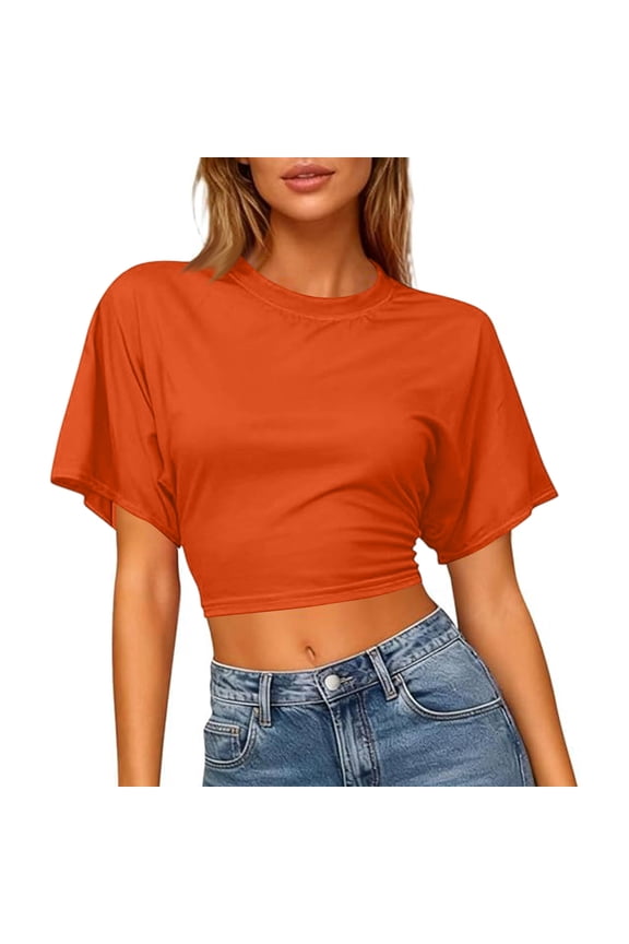 Womens Cropped Tops Boat Neck Blouses for Women Short Sleeve Trendy 2026 Spring Summer Shirt Orange L