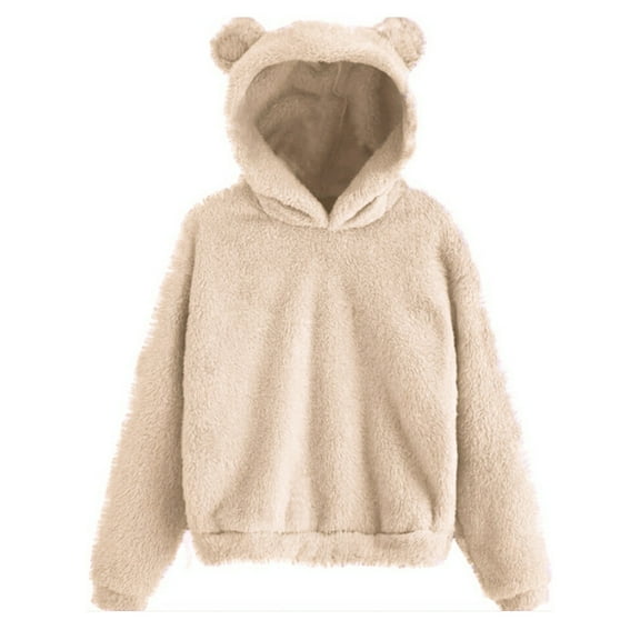 Stichou Womens Cute Bear Ears Hoodie Long Sleeve Soft Warm Fleece Homewear Beige S