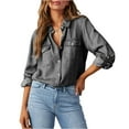thumbnail image 1 of Stichou Womens Denim Shirts Collared Long Sleeve Jean Shirt with Pocket Button Down Blouse Casual Distressed Work Tunic Tops Dark Gray 2XL, 1 of 4