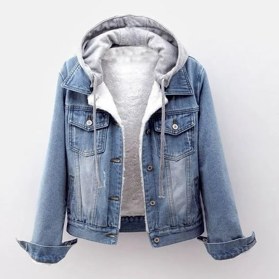 Stichou Womens Distressed Denim Jacket with Detachable Hood Button Down Long Sleeve Trucker Jackets Outwear Light blue 3XL