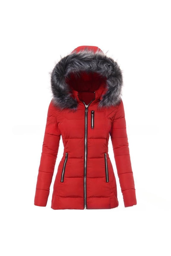 Womens Down Coats with Hood Thicken Warm Puffer Jacket with Faux Fur Hood Heavyweight Jackets Winter Coat Pockets Red S