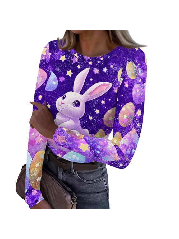 Womens Easter Shirts 2026 Bunny Eggs Print Happy Long Sleeve Tops Casual Round Neck Blouse Fashion Tee Purple Pink 2XL