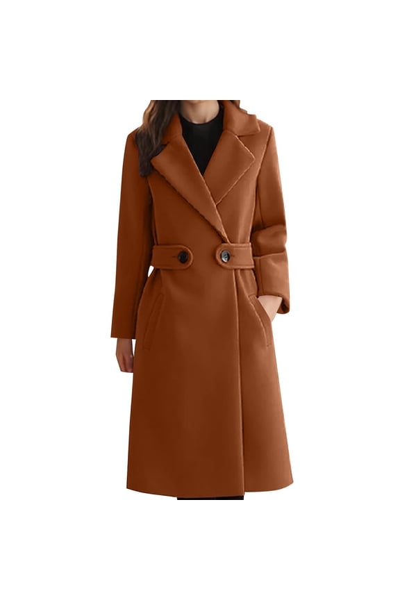 Womens Elegant Notched Lapel Coat Mid-Length Thicken Warm Wool Blend Coats Casual Fall Winter Fashion Long Overcoat Camel 3XL
