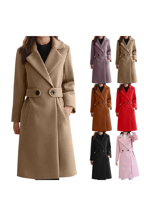 Womens Elegant Notched Lapel Coat Mid-Length Thicken Warm Wool Blend Coats Casual Fall Winter Fashion Long Overcoat Khaki 3XL