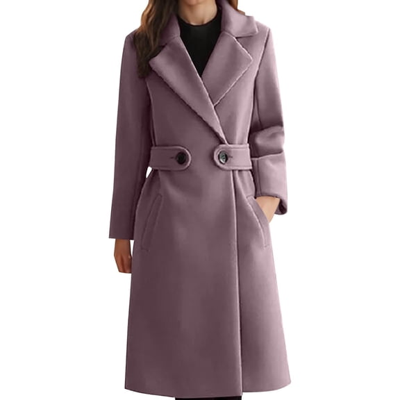 Stichou Womens Elegant Notched Lapel Coat Mid-Length Thicken Warm Wool Blend Coats Casual Fall Winter Fashion Long Overcoat Light Purple 3XL