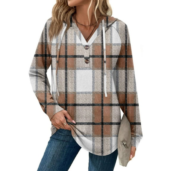 Stichou Womens Fashion Hoodies Pullover Oversized Plaid Sweatshirt Long SLeeve Drawstring Hooded Fall Shirts Loose Fit Khaki XL