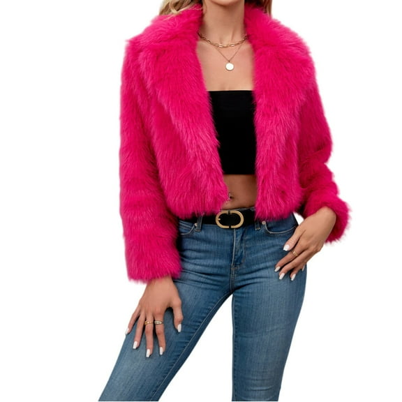 Stichou Womens Faux Fur Coat Lapel Open Front Fluffy Shaggy Jacket Winter Warm Furry Overcoat Hot Pink S