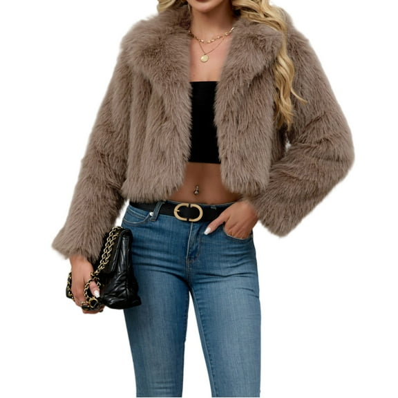 Stichou Womens Faux Fur Coat Lapel Open Front Fluffy Shaggy Jacket Winter Warm Furry Overcoat Khaki S