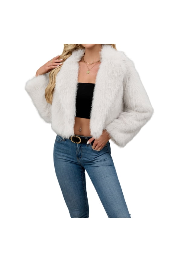 Womens Faux Fur Coat Lapel Open Front Fluffy Shaggy Jacket Winter Warm Furry Overcoat White S
