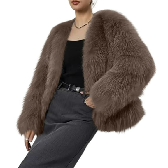 Stichou Womens Faux Fur Coat Winter Shaggy Long Sleeve Open Front Casual Oversized Lapel Jackets Warm Fuzzy Outerwear Coffee XL