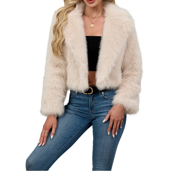 Stichou Womens Faux Fur Jacket Fluffy Fur Cropped Coats Long Sleeve Open Front Fur Jackets Lapel Collar Casual Outwears Beige L