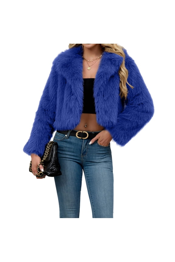 Womens Faux Fur Jacket Fluffy Fur Cropped Coats Long Sleeve Open Front Fur Jackets Lapel Collar Casual Outwears Royal Blue L