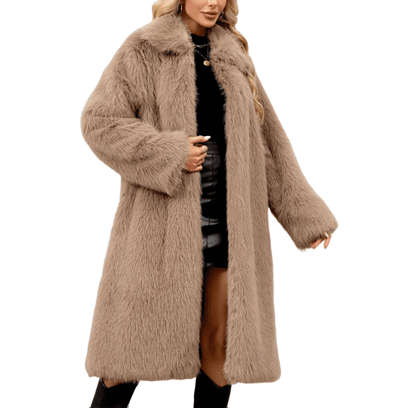 Stichou Womens Faux Fur Winter Coats 2025 Fashion Long Sleeve Oversized Long Jacket Coat with Pockets Outerwear Khaki S