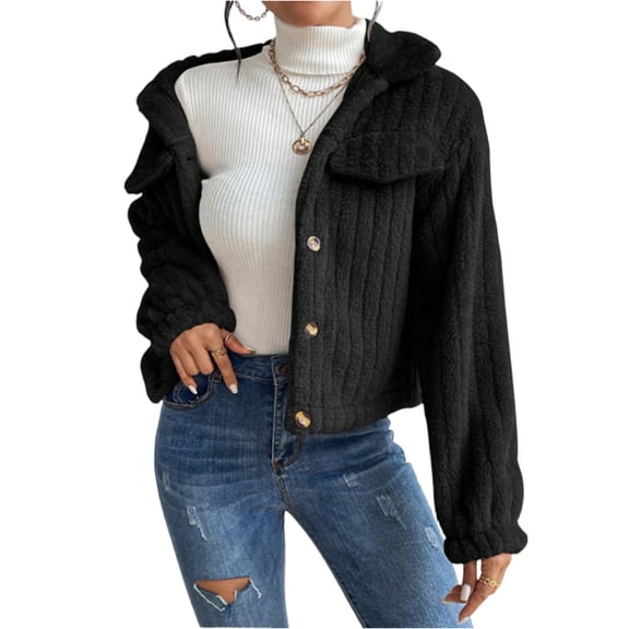 Stichou Womens Fleece Jacket Fuzzy Long Sleeve Cropped Winter Coats Button Down Sherpa Jacket Outerwear with Pockets Black XL