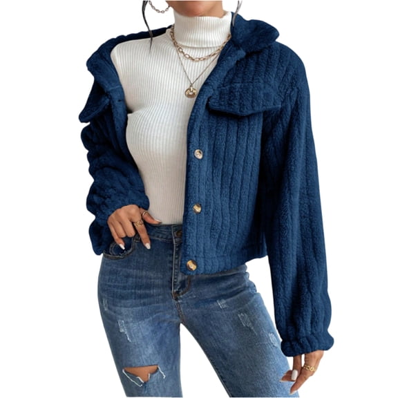 Stichou Womens Fleece Jacket Fuzzy Long Sleeve Cropped Winter Coats Button Down Sherpa Jacket Outerwear with Pockets Dark Blue XL