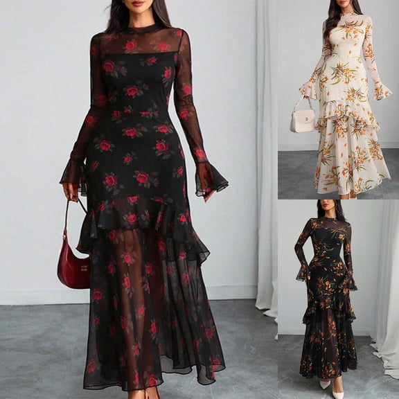 Stichou Womens Floral Maxi Dress 2026 Sheer Mesh Bell Sleeve Tiered Ruffle Gothic Romantic Casual Long Dresses Red L