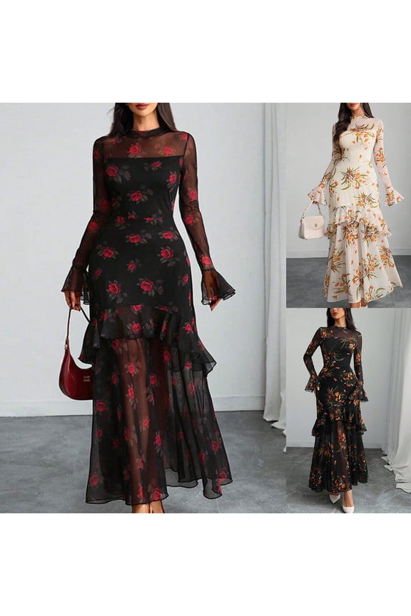 Womens Floral Maxi Dress 2026 Sheer Mesh Wedding Guest Floral Print Tiered Ruffle Gothic Romantic Casual Long Dresses Red S