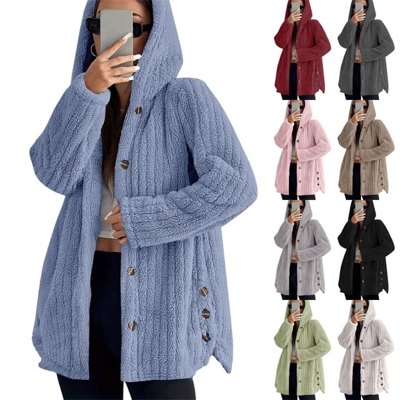 Stichou Womens Fuzzy Fleece Hoodie Long Sleeve Button down Hooded Jacket Oversized Sherpa Jacket Coat Winter Warm Outwear Blue XL