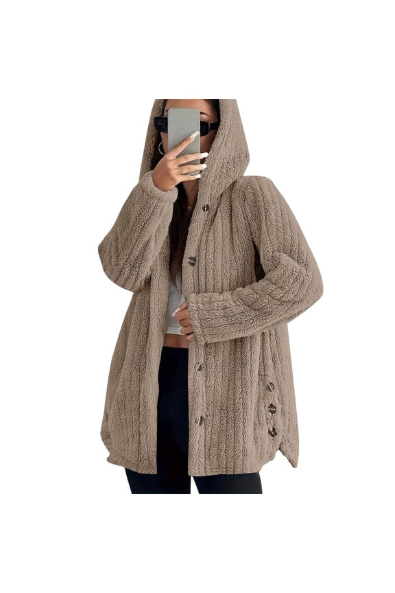 Womens Fuzzy Fleece Hoodie Long Sleeve Button down Hooded Jacket Oversized Sherpa Jacket Coat Winter Warm Outwear Camel XL