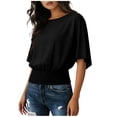 thumbnail image 1 of Stichou Womens Going Out Tops Oversized Casual Short Sleeve Tee Smocked 2026 Summer Fashion Round Neck Solid Loose Fit Oversized Women Tee Black M, 1 of 6
