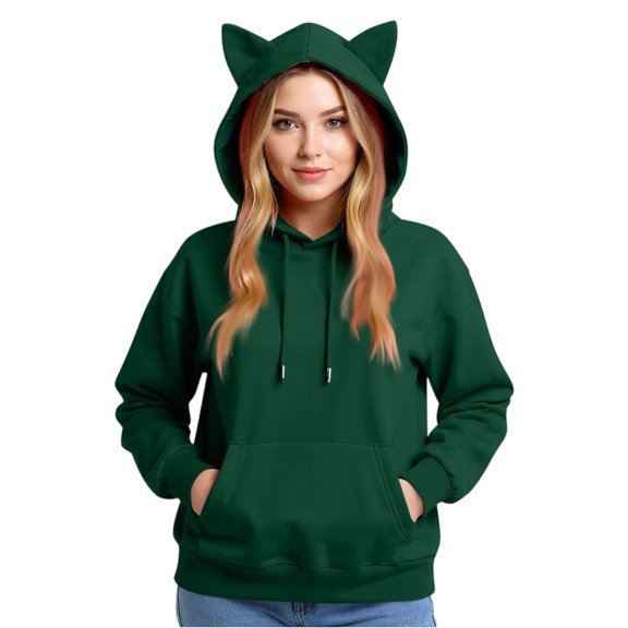 Stichou Womens Hoodies Cat Ear Sweatshirts Long Sleeve Casual Pullover Tops Cute Fall Fashion Clothes Dark Green S