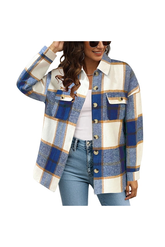 Womens Jacket Long Plaid Shacket Casual Lapel Button Tartan Trench Tops Long Sleeve Shirts with Pockets Blue L