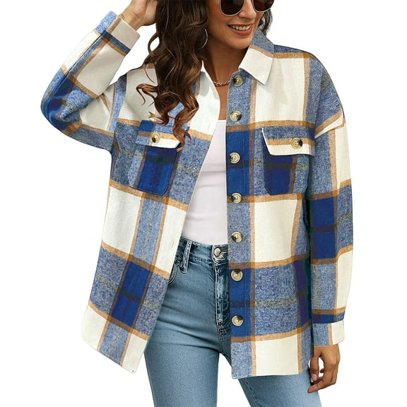 Stichou Womens Jacket Long Plaid Shacket Casual Lapel Button Tartan Trench Tops Long Sleeve Shirts with Pockets Blue L