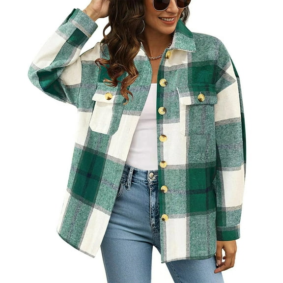 Stichou Womens Jacket Long Plaid Shacket Casual Lapel Button Tartan Trench Tops Long Sleeve Shirts with Pockets Green L