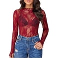 thumbnail image 1 of Stichou Womens Lace Mesh Tops Long Sleeve Floral Sheer See Through Tops Mock Neck Shirts Party Club Night Blouses Wine XL, 1 of 7