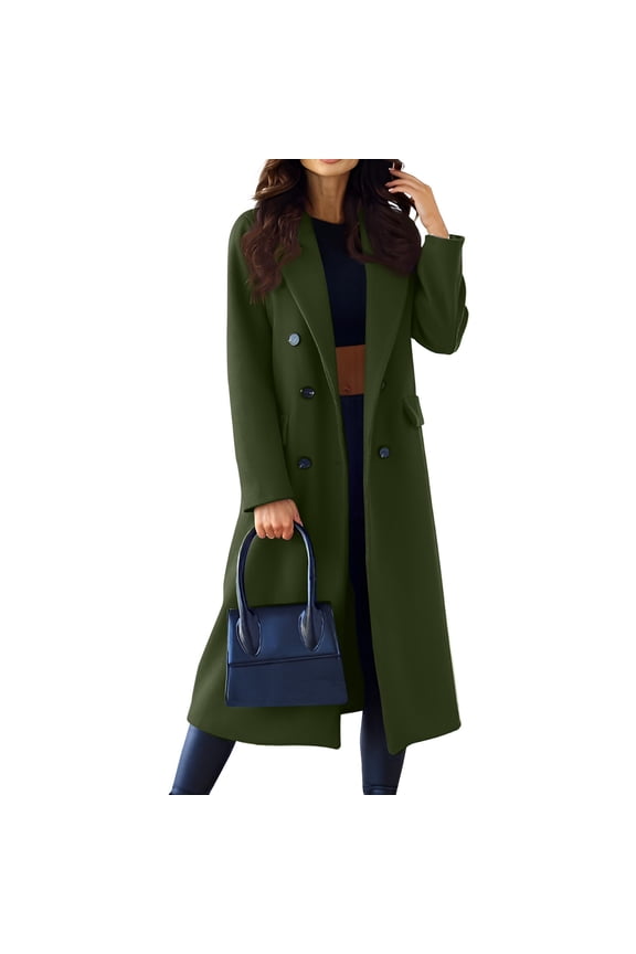 Womens Lapel Peacoat Winter Double-Breasted Outerwear Mid Long Jacket Casual Trench Coat Army Green S