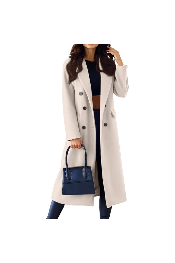 Womens Lapel Peacoat Winter Double-Breasted Outerwear Mid Long Jacket Casual Trench Coat Beige S
