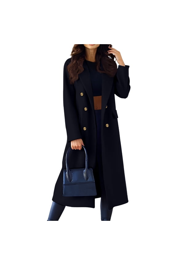 Womens Lapel Peacoat Winter Double-Breasted Outerwear Mid Long Jacket Casual Trench Coat Black S