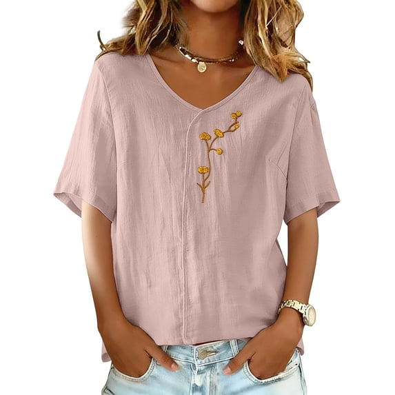 Stichou Womens Linen Shirts 3/4 Sleeve Casual Tshirts Vacation Beach Tops Summer Spring Trendy Floral Blouses Pink L