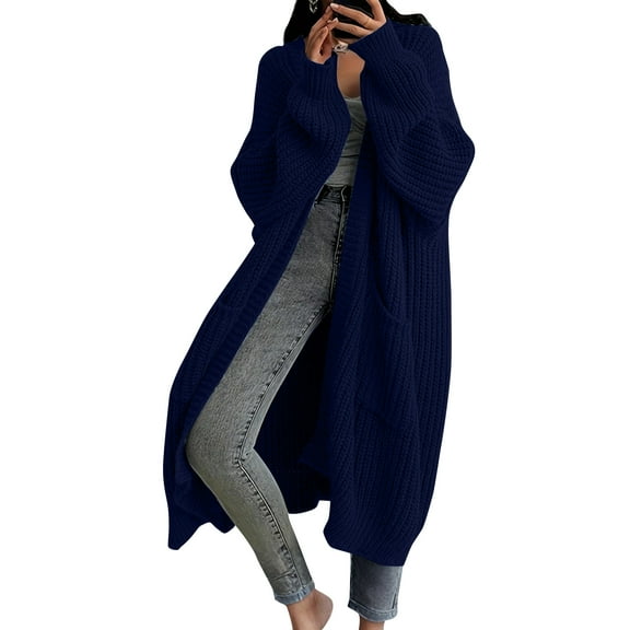 Stichou Womens Long Cardigan Sweater Fall Chunky Knit Oversized Open Front Warm Coats Casual Duster Coat with Pockets Navy XL