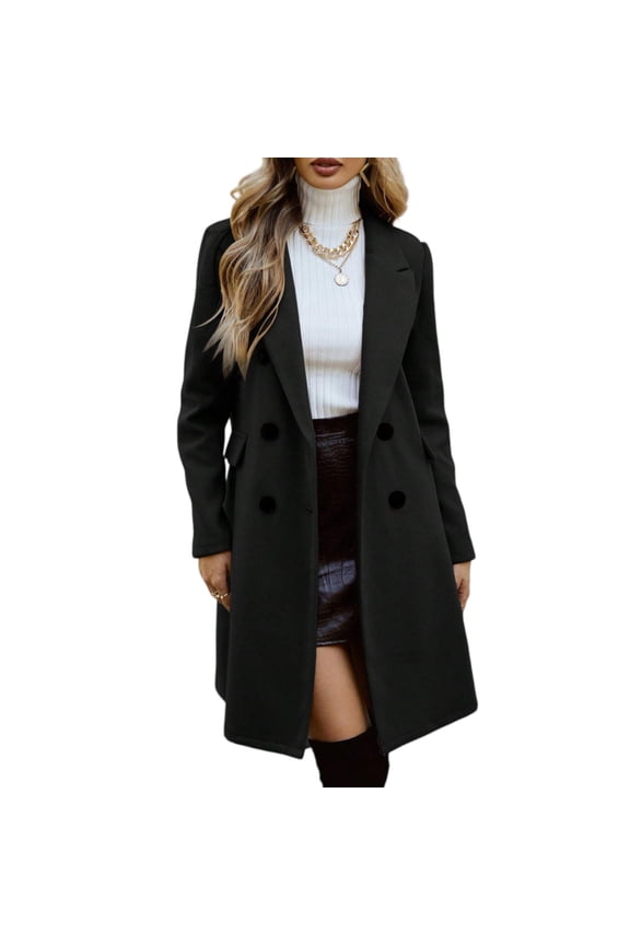 Womens Long Double Breasted Coats Lapel Collar Pea Coat Winter Slim Fit Jackets Trench Coat Outwear Black M