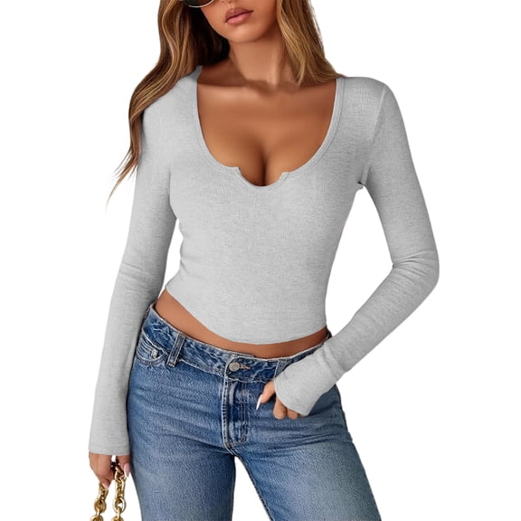 Stichou Womens Long Sleeve Crop Tops V Neck 2026 Going Out Tops Slim Fitted Scoop Neck Cozy Ribbed Stretch Womens Blouses Light Gray XL