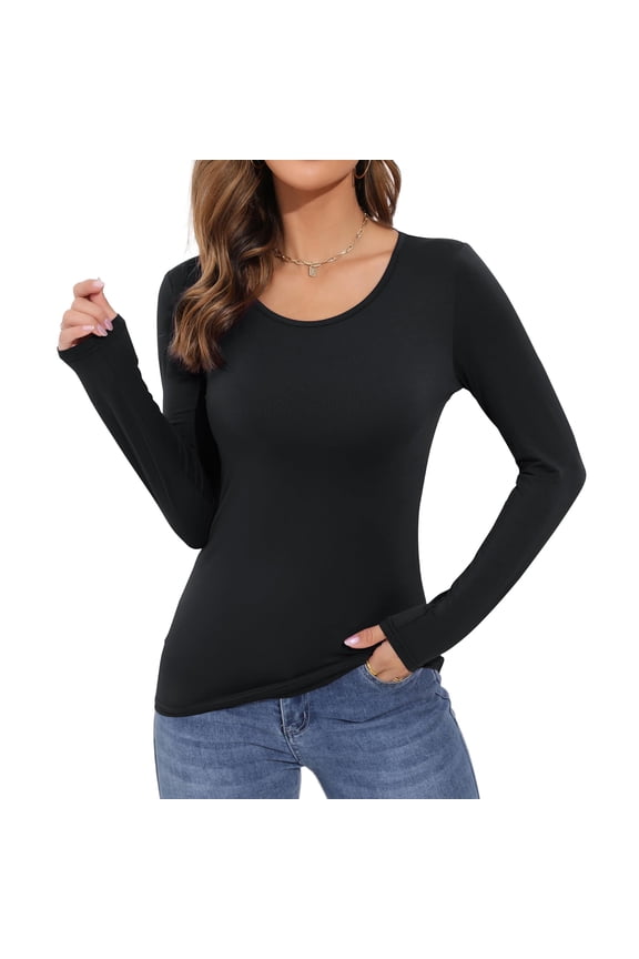Womens Long Sleeve Shirts Scoop Neck Lightweight Stretchy Fitted Rayon Basic Layer Tops Blouse Black XL