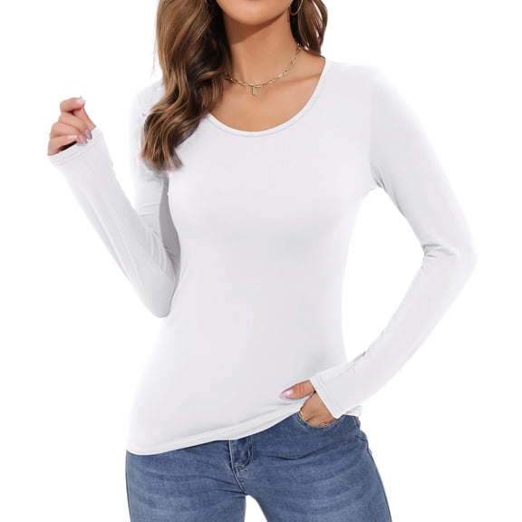 Stichou Womens Long Sleeve Shirts Scoop Neck Lightweight Stretchy Fitted Rayon Basic Layer Tops Blouse White XL