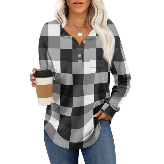 Stichou Womens Long Sleeve Shirts with Pocket Plaid Button Down Henley Shirts Dressy Casual Loose Fall Winter Ladies Tops and Blouses Gray M