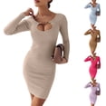 thumbnail image 1 of Stichou Womens Long Sleeve Sweater Dress Casual Cut Out Bodycon Mini Winter Dress Trendy Ribbed Ladies Spring Sweater Khaki XL, 1 of 8