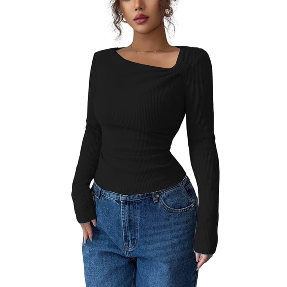 Stichou Womens Long Sleeve Tops Asymmetrical Ribbed Knit Y2K Shirts Trendy Casual Slim Fitted T-Shirt Fall Winter Spring Tees Light Blue M