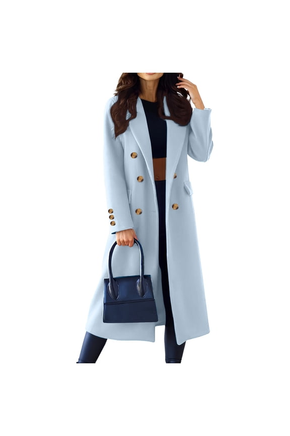 Womens Long Wool Coats Fall Winter Pea Coat Notch Lapel Double Breasted Trench Coat Wool Jackets Light Blue XL