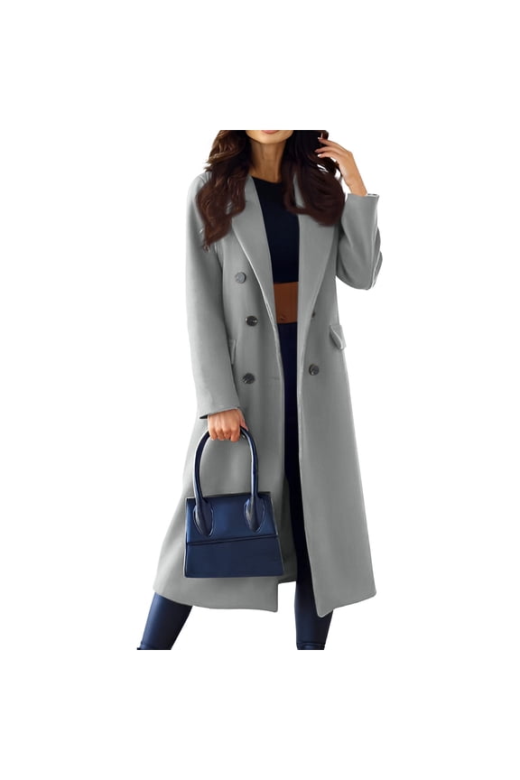 Womens Long Wool Coats Fall Winter Pea Coat Notch Lapel Double Breasted Trench Coat Wool Jackets Light Gray XL