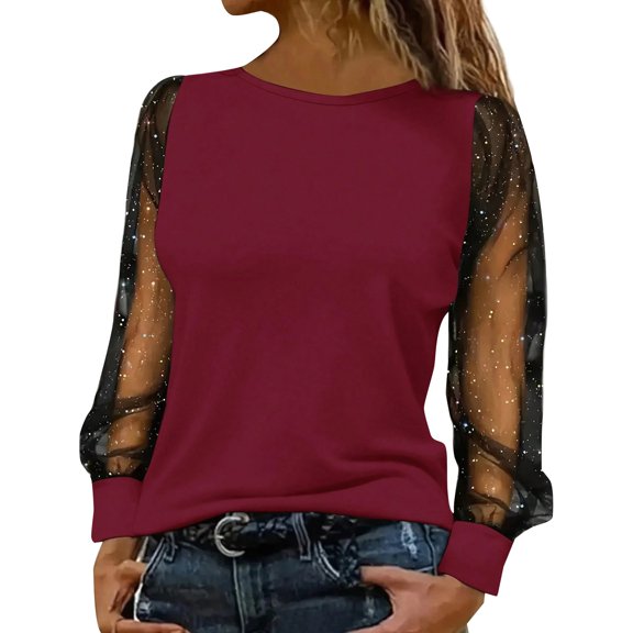 Stichou Womens Mesh Sheer Patchwork Shirt Long Sleeve Tunic Tops Crewneck Casual Bling Blouse for Party Travel Dressy Wine M