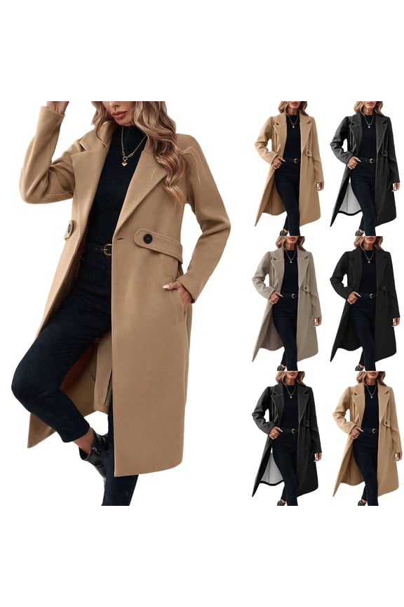 Womens Notched Lapel Collar Pea Coat Trendy Long Trench Coats Winter Wool Fleece Jacket Camel S