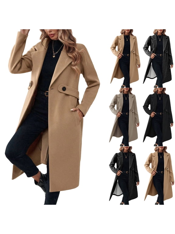 Womens Notched Lapel Collar Pea Coat Trendy Long Trench Coats Winter Wool Fleece Jacket Camel S