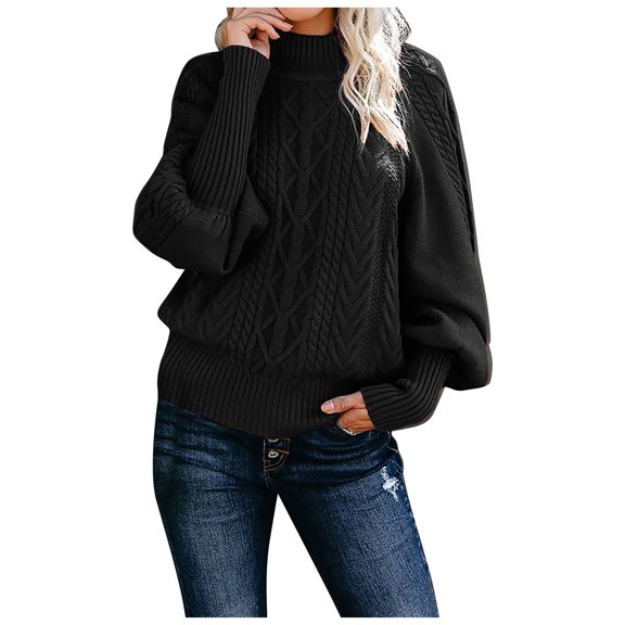 Stichou Womens Oversized Cable Knit Sweaters 2025 Fall Winter Trendy Button Up Turtleneck Pullover Sweater Tops Black 2XL