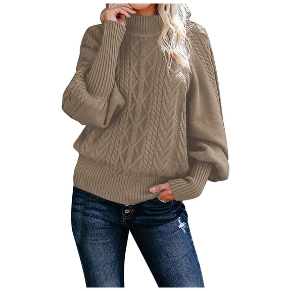 Stichou Womens Oversized Cable Knit Sweaters 2025 Fall Winter Trendy Button Up Turtleneck Pullover Sweater Tops Khaki 2XL